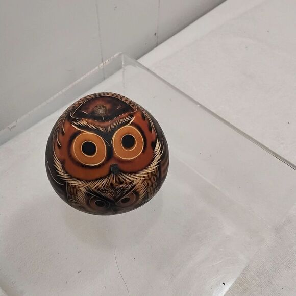 Gourd Owl Rattle Mom & Chick  About 3" tall Round - Picture 1 of 3